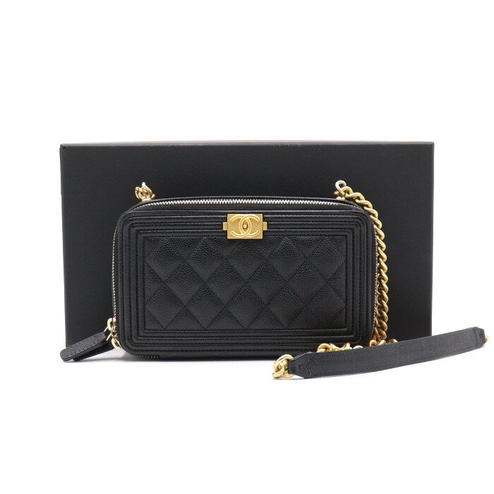 CHANEL Black Caviar Boy Phone Case Mini Gold Chain Crossbody AP2756