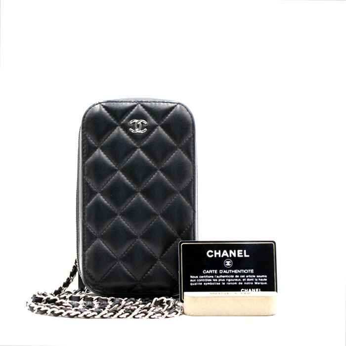 CHANEL Black Lambskin Phone Case Mini Chain Crossbody Bag A70655