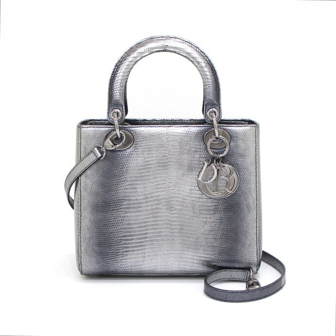 Dior Metallic Silver Lady Lizard Pattern Medium Tote Bag with Shoulder Strap aa40048