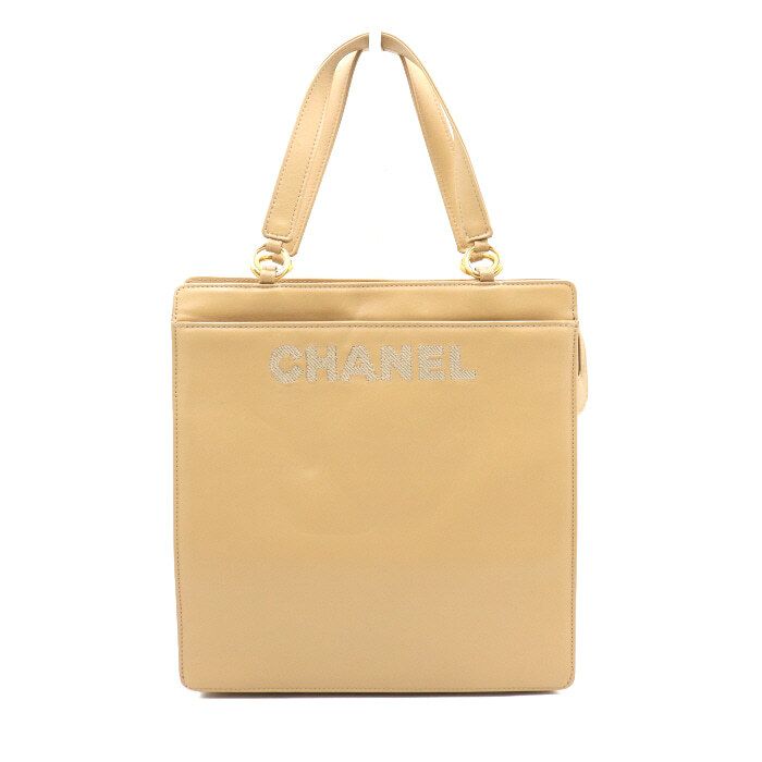 CHANEL Beige Lambskin Embroidered Logo Vintage Tote Bag aa39872