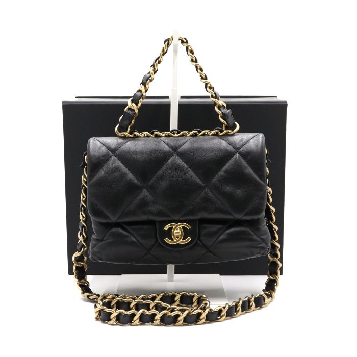 CHANEL Black Lambskin CC Quilting Chain Top Handle Flap Women's Tote Bag aa39667