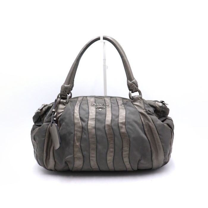 Prada Gray Leather Nylon Blend Stripe Tote Bag BR3994