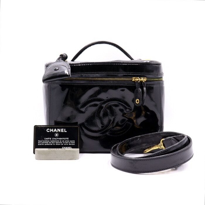 CHANEL Vintage Black Patent Timeless CC Vanity Women's Top Handle Tote Bag aa38330