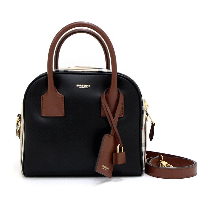 Burberry Black Leather Vintage Check Small Cube Tote Bag Shoulder Bag 8019359