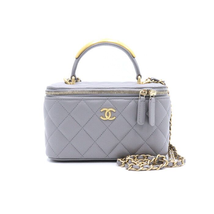 CHANEL Limited Edition Vanity Lambskin Small Metal Logo Top Handle Tote Bag with Gold Chain Shoulder Bag Crossbody Bag AP2199