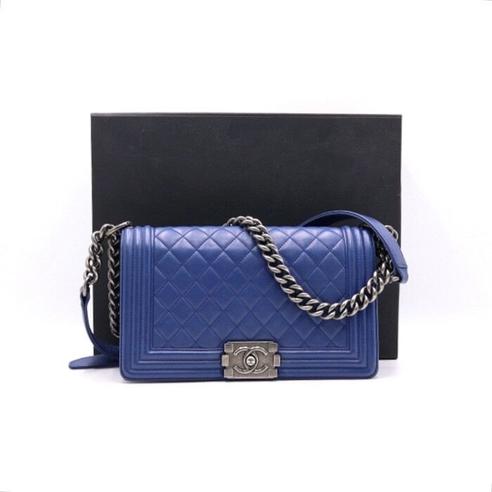 CHANEL Blue Lambskin Medium Flap Chain Shoulder Bag A67086 aa38428