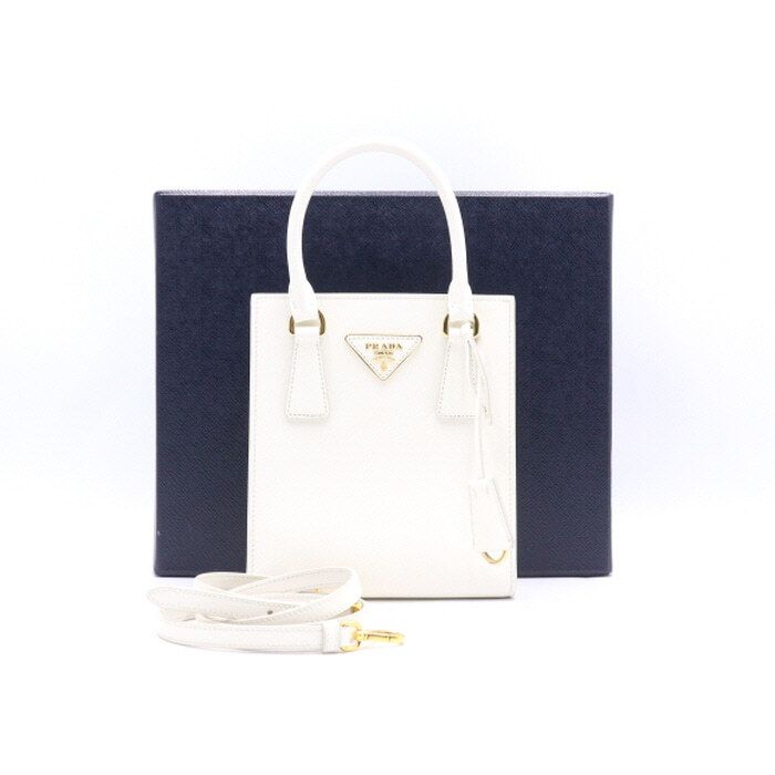 Prada White Saffiano Logo Tote Bag with Shoulder Strap - 1BA358