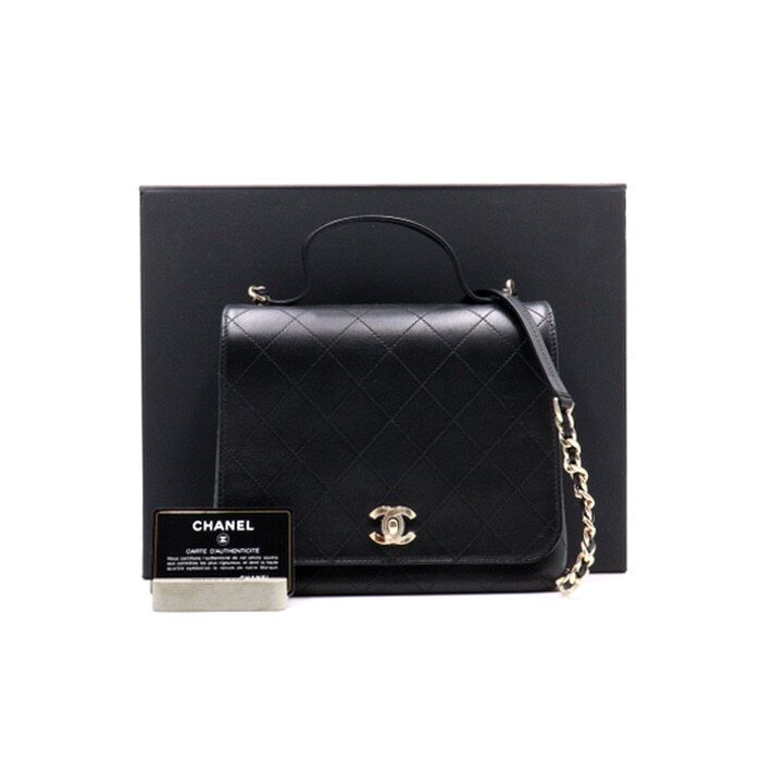 CHANEL Black Calfskin Quilted Gold CC Top Handle Tote Bag AS0882
