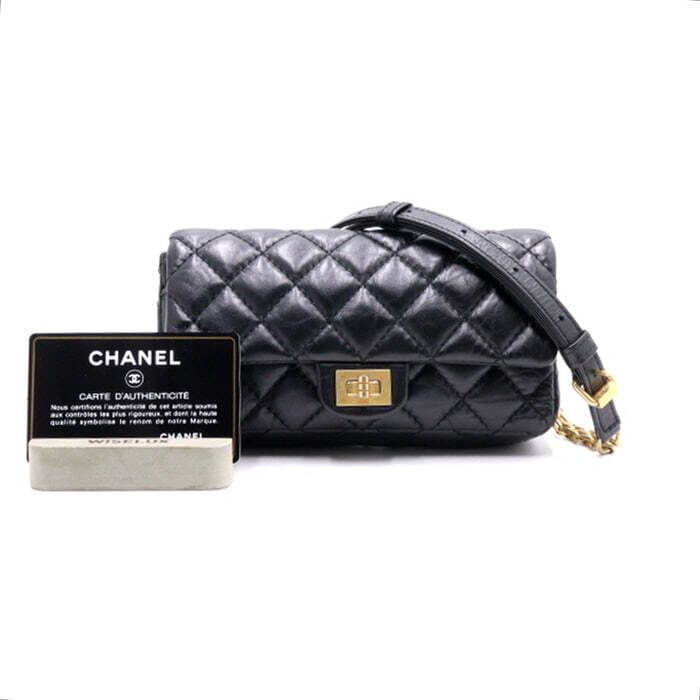 CHANEL Vintage Calfskin Micro Waist Bag with Chain Belt Black/Gold A57791