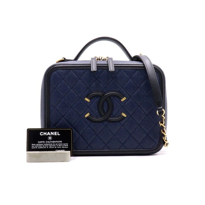 CHANEL Blue Caviar Large Cosmetic Case Top Handle Tote Bag with Gold Chain Shoulder Crossbody A93344