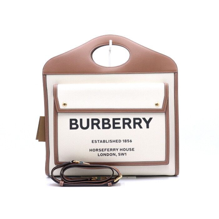 Burberry Two-Tone Medium Canvas Leather Pocket Women's Tote Bag Shoulder Bag aa36874
