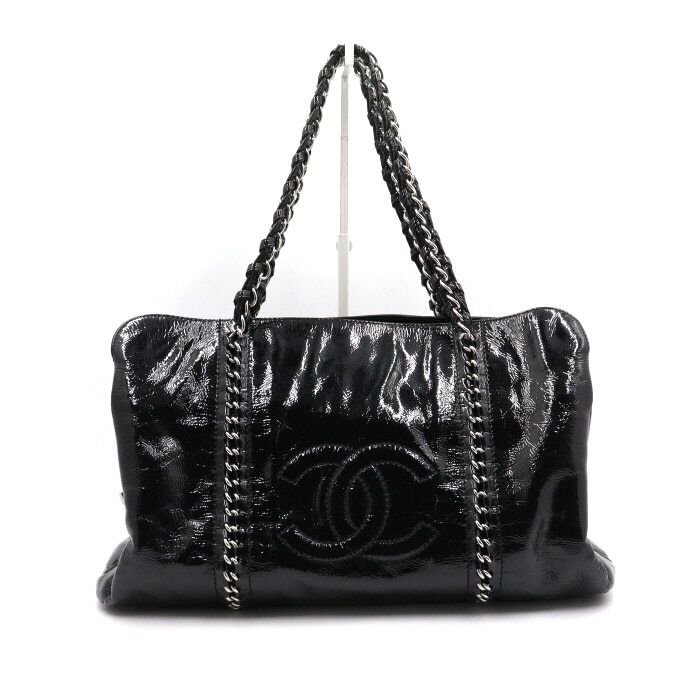 CHANEL Luxury Black Patent CC Chain Large Tote Shoulder Bag A35042