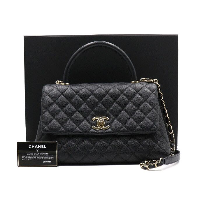 CHANEL Black Caviar Coco Handle 28 Medium Tote Bag with Gold Chain Shoulder Bag Crossbody aa43416