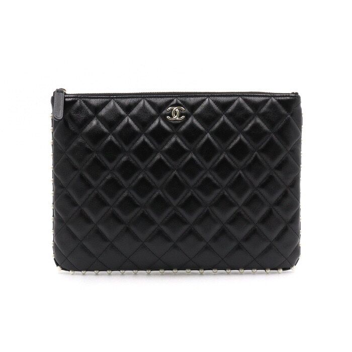 CHANEL Black Lambskin Quilting CC Pearl Clutch Bag AP1046 aa43401