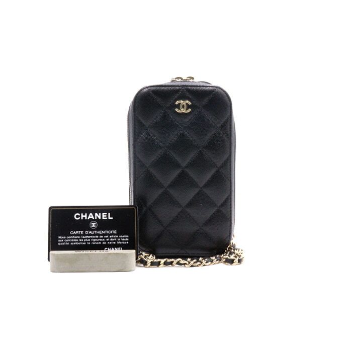CHANEL Black Caviar CC Logo Zipper Phone Case Mini Gold Chain Crossbody Bag A70655 aa34248
