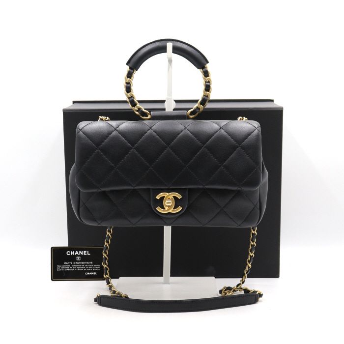 CHANEL Black Lambskin Round Top Handle Tote Bag with Chain Shoulder Bag AS1358 aa39387