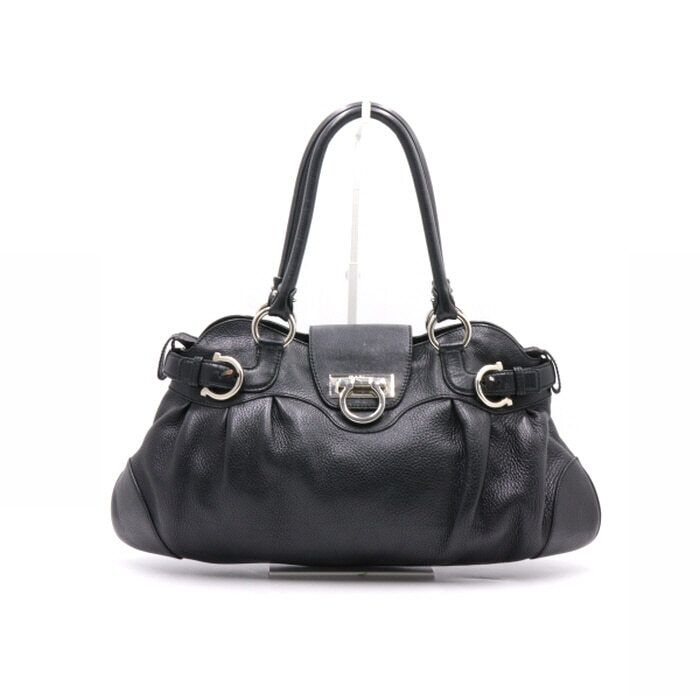 Salvatore Ferragamo Black Calf Leather Tote Bag with Shoulder Strap aa30117