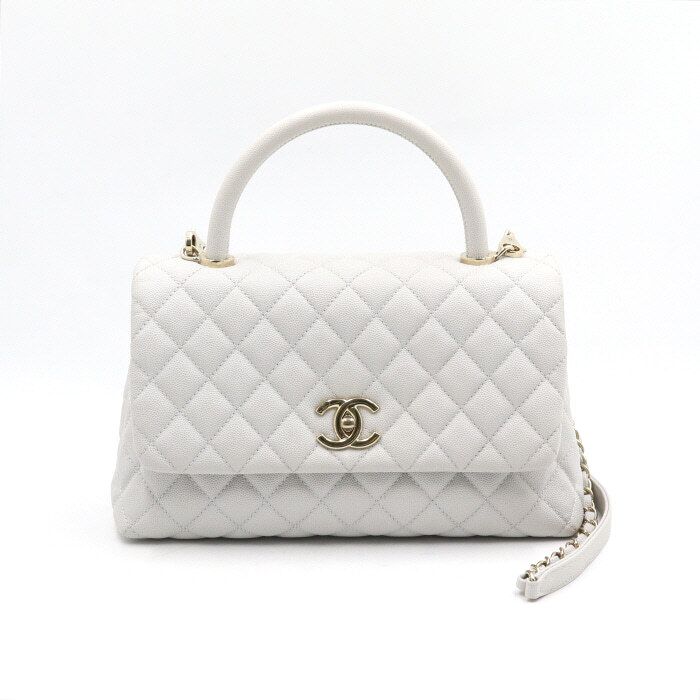 CHANEL Light Gray Caviar Coco Handle 28 Medium Tote Bag with Gold Chain Shoulder Bag Crossbody aa46158