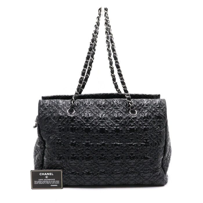 CHANEL Black Patent Camellia Logo Chain Shoulder Bag AA48755