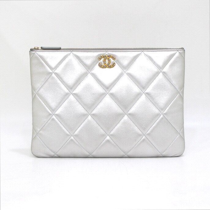 CHANEL Large Metallic Silver Clutch Bag AP0952