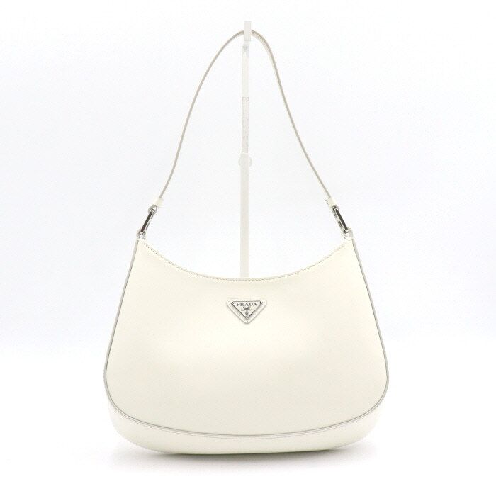 Prada White Cleo Brushed Leather Tote Bag with Shoulder Strap aa45976