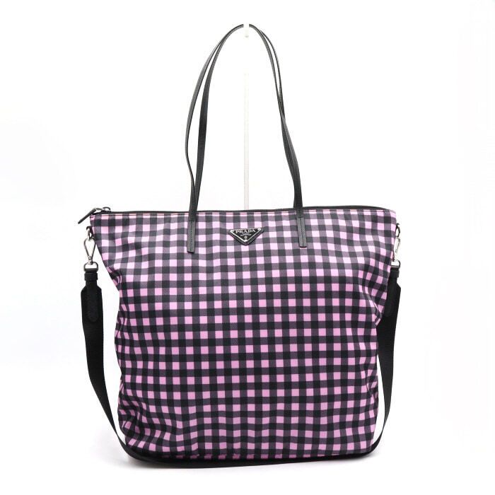 Prada Triangle Logo Check Pattern Zip Shopper Shoulder Crossbag AA46095