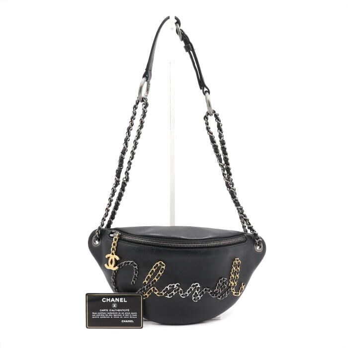 CHANEL Black Leather Chain Lettering Waistbag Shoulder Bag Crossbag AS1783 aa45967