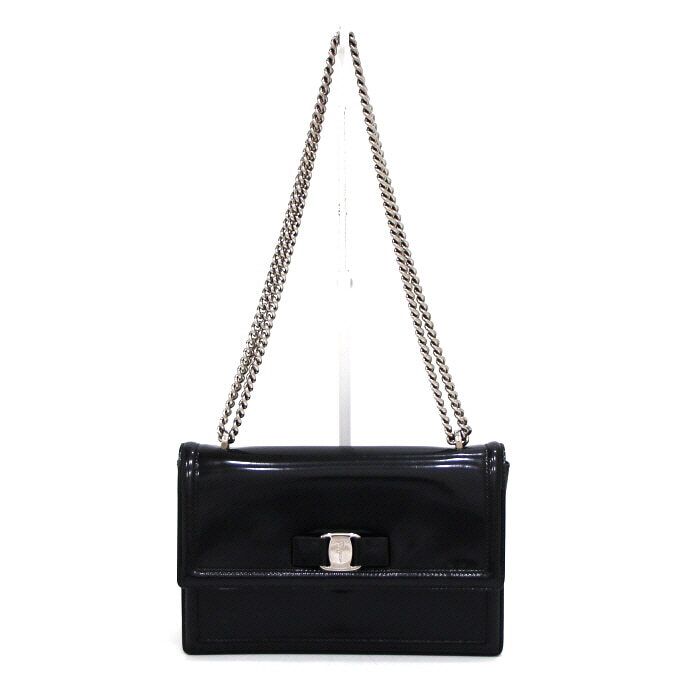 Salvatore Ferragamo Black Glossy Leather Shoulder Bag Crossbody Bag 21 G209 aa42544