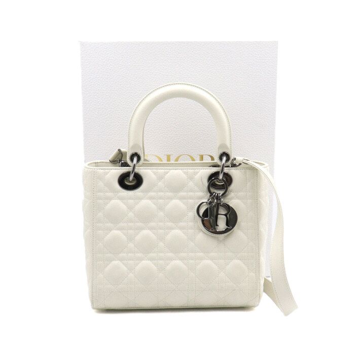 Dior White Lady Lambskin Medium Kanaj Tote Bag with Shoulder Strap aa45834