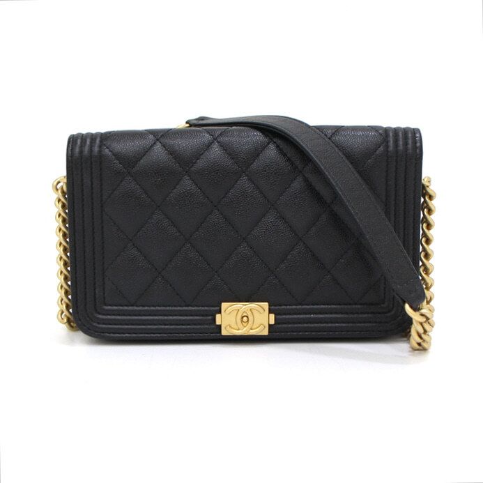 CHANEL Black Caviar Boy Phone Holder Crossbody with Chain AP3013
