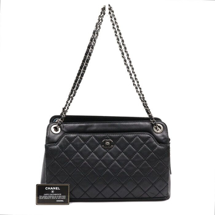 CHANEL Black Leather Vintage Metal Chain Shoulder Bag aa44521