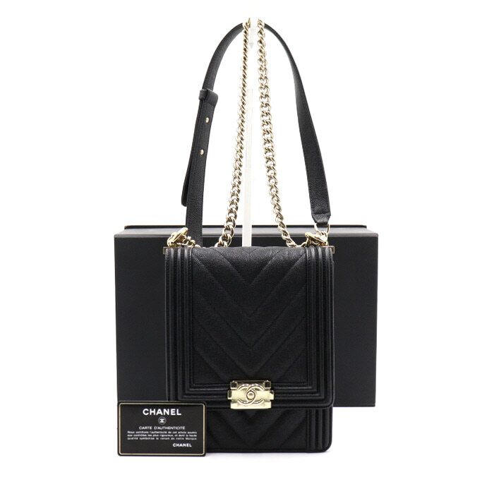 CHANEL Black Caviar Boy Flap Chain Shoulder Bag with Crossbody Strap aa42046