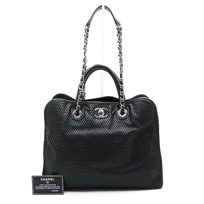 CHANEL Black Leather CC Tote Bag with Chain Shoulder Bag aa41847