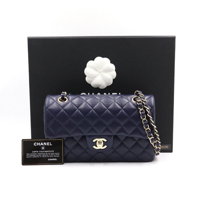 CHANEL Navy Caviar Classic Small FlapCC Gold Chain Shoulder Bag A01113 aa45595