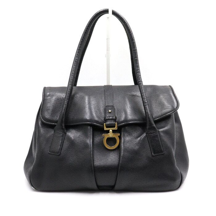Salvatore Ferragamo Black Leather Gold Chain Gancini Buckle Tote Bag 21 6394 AA47646