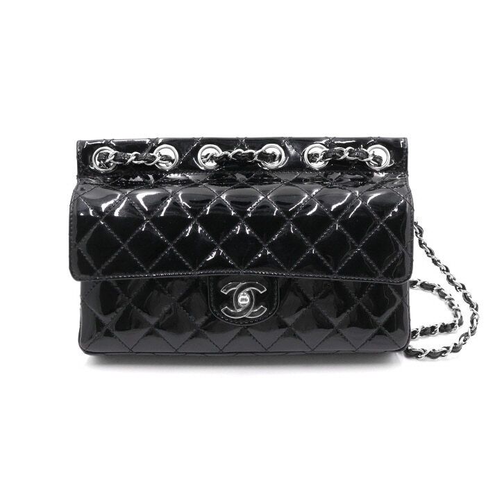 CHANEL Black Patent Through Flap CC Logo Chain Shoulder Bag aa41278