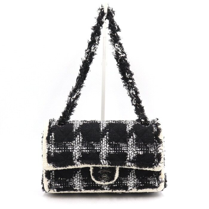 CHANEL Black White Tweed Classic Medium Chain Shoulder Bag A01112
