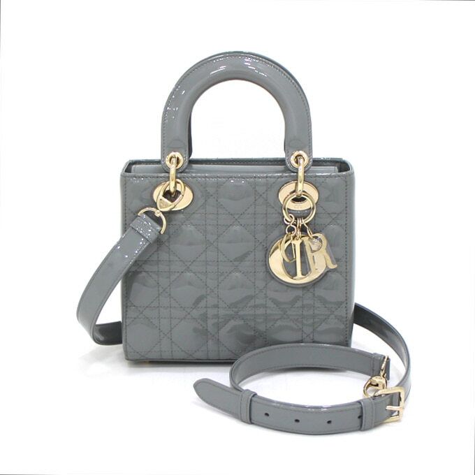 Dior Gray Stone Patent Glossy Lady Small Gold Tote Bag Shoulder Bag Crossbody aa45192