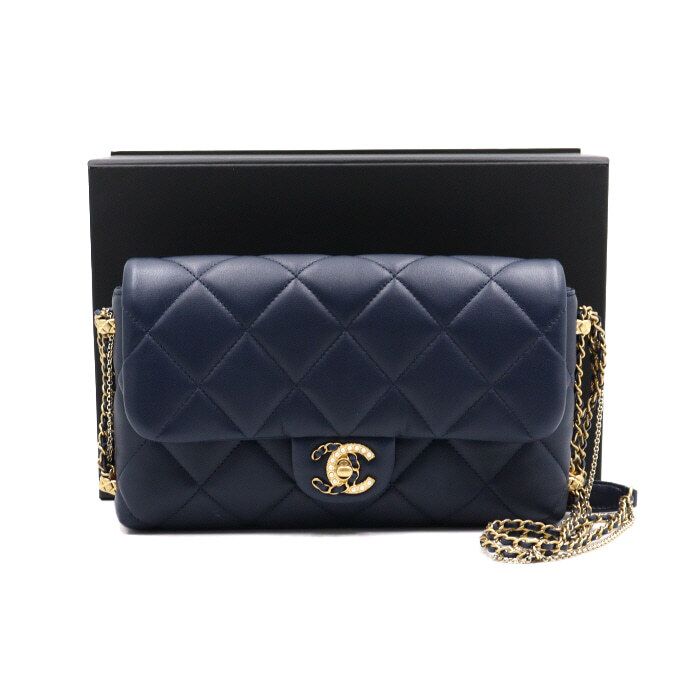 CHANEL Navy Lambskin Pearl Half CC Women's Shoulder Bag AS2563