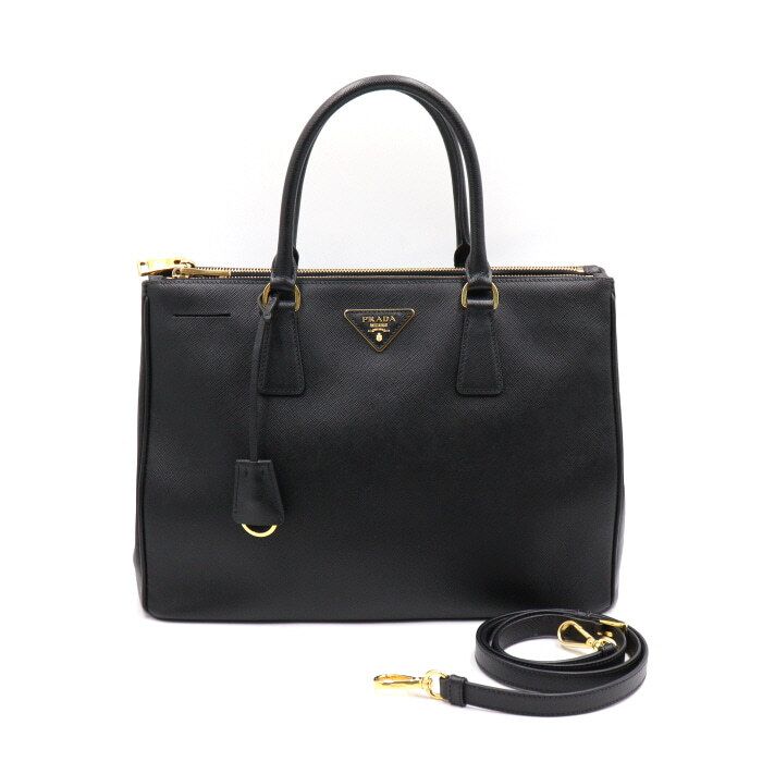 Prada Black Galleria Saffiano Gold Logo Double Zip Tote Bag with Shoulder Strap 1BA274