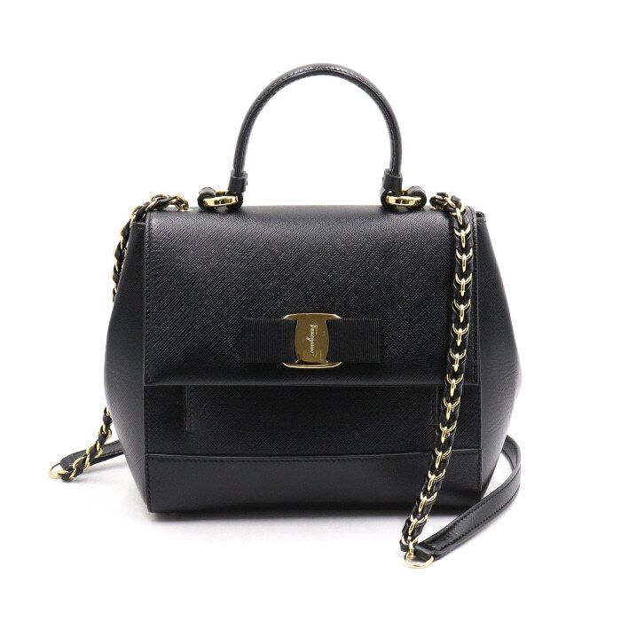 Salvatore Ferragamo Black Saffiano Carry Small Logo Top Handle Tote Bag with Chain Shoulder Strap AA46743