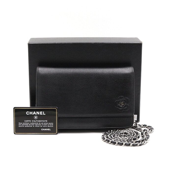 CHANEL Black Camellia WOC Chain Crossbody Women's Bag aa44854