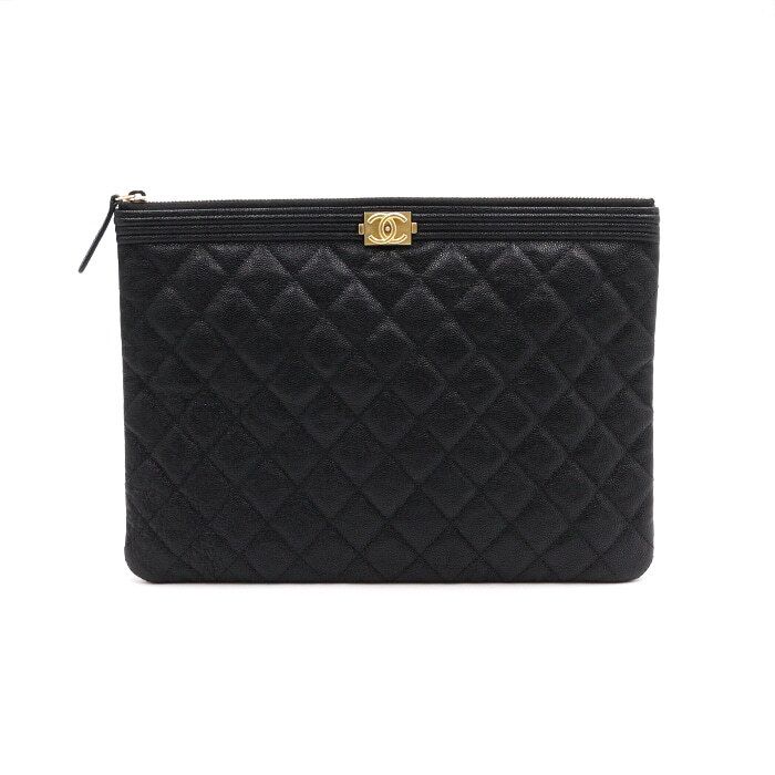 CHANEL Black Caviar Newmium Gold Trim Boy Clutch Bag A84406