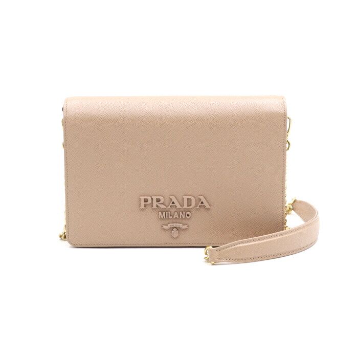 Prada Beige Saffiano Leather Mini Shoulder Bag with Gold Chain - aa44775