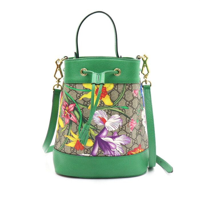 Gucci Green Floral Canvas Small GG Bucket Shoulder Crossbody Bag 550621