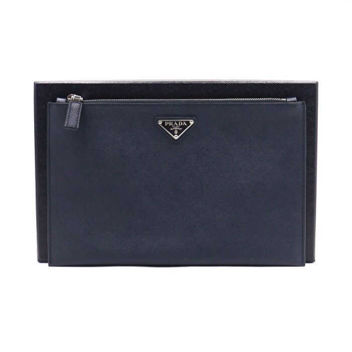 Prada Navy Safiano Leather Triangle Logo Zip Clutch Bag aa49845