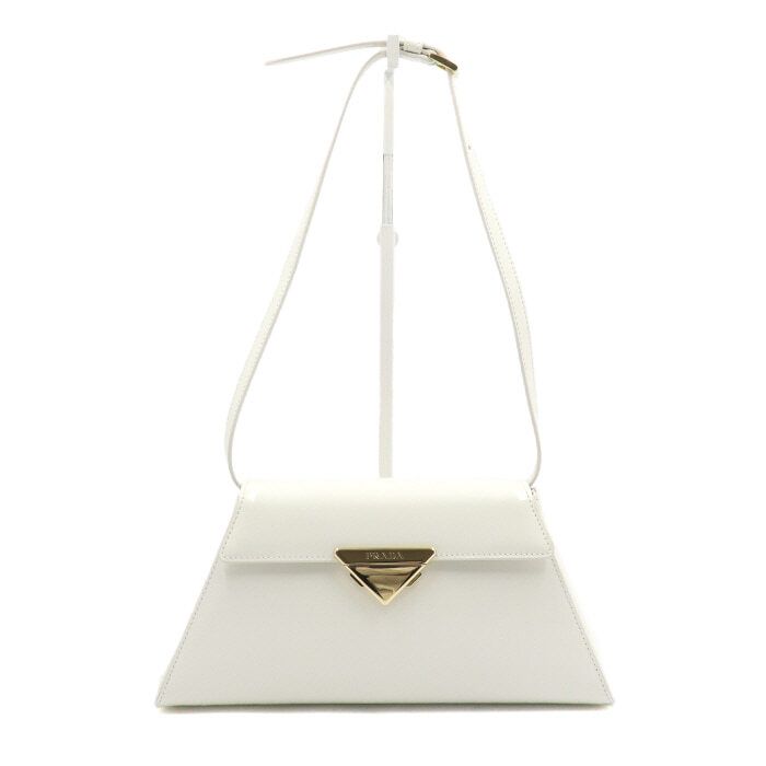 Prada White Brushed Leather Gold Buckle Medium Shoulder Bag 1BD343