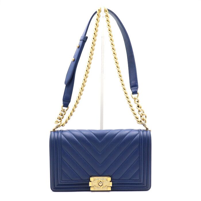 CHANEL Navy Boy Medium Flap Gold Chain Shoulder Bag A67086