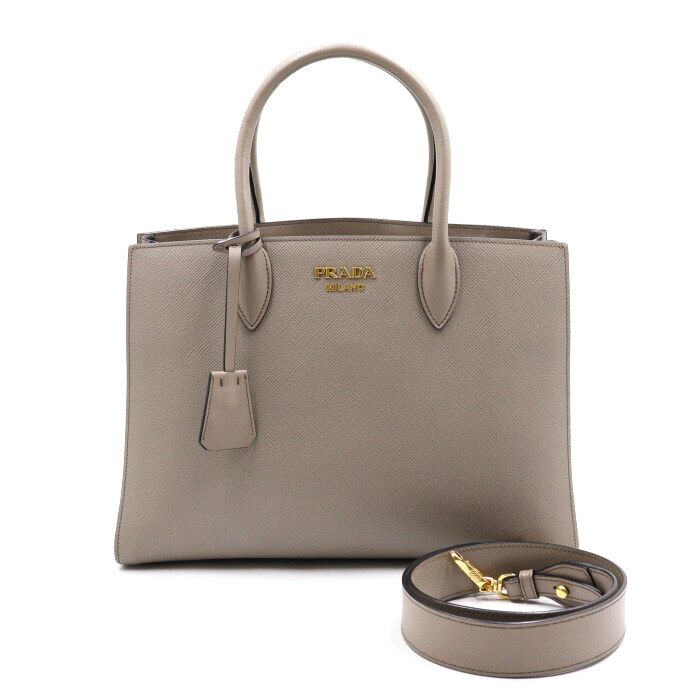 Prada Gray Saffiano Biblio Gold Logo Tote Bag and Shoulder Bag aa48849