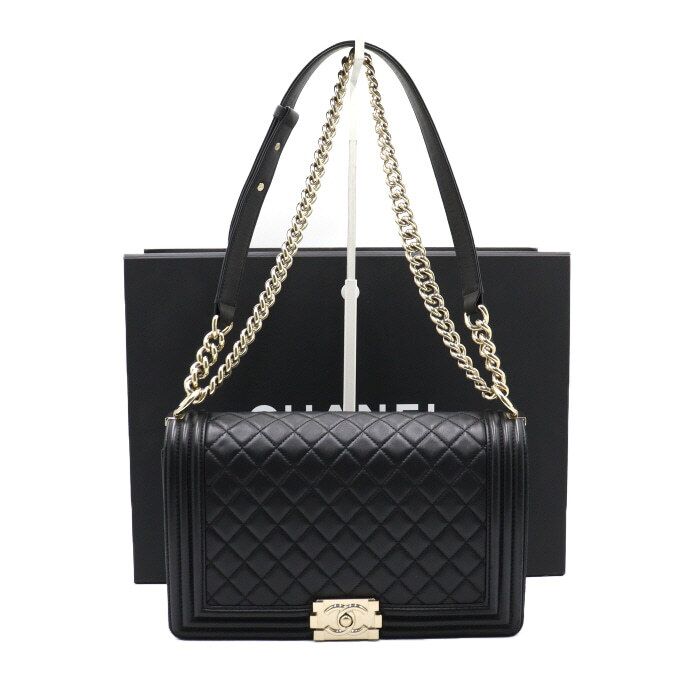 CHANEL Black Lambskin Boy Large Flap Chain Shoulder Bag A92193